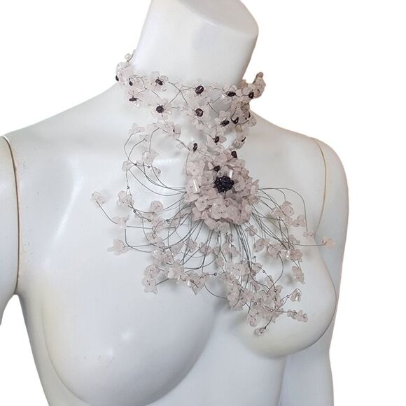 Handmade Silver Tone Wire Rose Quartz & Garnet Chip Sterling Silver Hook Choker - Picture 2 of 6